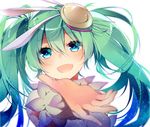  :d asagao_minoru blue_eyes blurry blush depth_of_field green_hair green_nails hair_ornament hatsune_miku head_tilt long_hair looking_at_viewer nail_polish open_mouth outstretched_arm simple_background smile solo spica_(vocaloid) twintails upper_body vocaloid white_background 