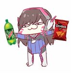  :3 bottle chibi commentary d.va_(gremlin) d.va_(overwatch) doodle doritos facial_mark headset kvlen mountain_dew overwatch pilot_suit product_placement simple_background solo third-party_edit v-shaped_eyebrows whisker_markings white_background 
