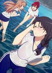  ass black_hair blue_eyes blush bra breasts brown_eyes brown_hair buruma clipboard folded_ponytail glasses gonou_hitomi gym_uniform large_breasts leaning_forward long_hair official_art open_mouth rail_wars! red_hair sakurai_aoi see-through short_hair tagme water wet_clothes wet_shirt 