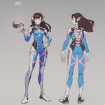  armor ass bangs bodysuit boots breasts brown_eyes brown_hair character_name clothes_writing d.va_(overwatch) emblem facepaint facial_mark from_behind full_body gloves gun hand_on_hip handgun headphones high_collar highres holding holding_gun holding_weapon logo long_hair looking_at_viewer looking_back multiple_views mwo_imma_hwag one_eye_closed overwatch pilot_suit profile protected_link shoulder_pads small_breasts swept_bangs thigh_boots thighhighs turtleneck weapon whisker_markings white_footwear white_gloves 