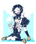  :d ^_^ bike_shorts black_hair black_legwear black_skirt blush brown_footwear buttons closed_eyes commentary_request gloves hair_ornament hairclip holding_hands interlocked_fingers kantai_collection kneehighs knees_together_feet_apart kuroshio_(kantai_collection) loafers long_hair looking_up multiple_girls neck_ribbon open_mouth oyashio_(kantai_collection) pleated_skirt red_ribbon ribbon school_uniform shirt shoes short_hair short_sleeves shorts shorts_under_skirt shuuzen_(shu-zen) sitting skirt smile twitter_username vest wariza white_gloves white_shirt 