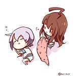  :3 ahoge artist_name blanket blush_stickers brown_hair chibi closed_eyes commentary_request from_above kantai_collection kuma_(kantai_collection) long_hair lowres lying multiple_girls neckerchief nor_nao on_side paw_print pink_hair school_uniform serafuku short_hair short_sleeves shorts sleeping solid_eyes standing tama_(kantai_collection) 