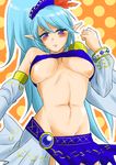  blue_hair blush breasts chinmogura hair_ornament jewelry lana_(zelda_musou) long_hair medium_breasts midriff ponytail purple_eyes side_ponytail solo the_legend_of_zelda zelda_musou 