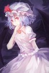  blue_hair dress hat highres looking_at_viewer red_eyes remilia_scarlet short_hair smile solo touhou white_dress wings you_hashira 