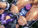  1girl anal asagiri ass ass_grab bodysuit breasts cum cum_on_body dildo double_penetration fishnets large_breasts latex long_hair ninja penis purple_hair rape sex suiren_izumi tagme taimanin_asagi_battle_arena vaginal_insertion 