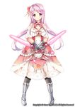  black_legwear boots bow dress dual_wielding flower flower_knight_girl full_body gloves hair_flower hair_intakes hair_ornament holding holding_weapon kurot long_hair looking_at_viewer metal_boots official_art pantyhose pink_bow pink_hair red_eyes sangobana_(flower_knight_girl) smile solo standing sword weapon white_background 