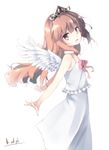  aisaka_taiga angel_wings bow brown_eyes brown_hair choker dated dress from_side long_hair looking_at_viewer makadamixa open_mouth outstretched_arms signature simple_background sleeveless solo sundress tiara toradora! white_background white_dress wings 