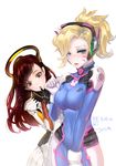  blonde_hair blue_eyes bodysuit breasts brown_eyes brown_hair cosplay costume_switch d.va_(overwatch) d.va_(overwatch)_(cosplay) headphones high_ponytail highres kkmi long_hair looking_at_viewer mechanical_halo medium_breasts mercy_(overwatch) mercy_(overwatch)_(cosplay) multiple_girls overwatch pilot_suit whisker_markings 