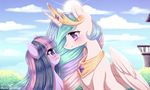  2016 cloud duo equine eye_contact eyelashes feathered_wings feathers female feral friendship_is_magic hair horn long_hair mammal multicolored_hair my_little_pony open_mouth outside pastelmistress princess_celestia_(mlp) purple_eyes sky smile twilight_sparkle_(mlp) unicorn white_feathers winged_unicorn wings 