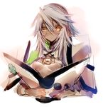  breasts brown_eyes dark_skin frown guilty_gear guilty_gear_xrd hat long_hair looking_down nipples oro_(sumakaita) ramlethal_valentine silver_hair simple_background small_breasts solo white_background 