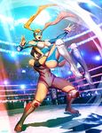  black_hair blue_leotard breasts cleavage cleavage_cutout commentary crowd domino_mask genzoman large_breasts leotard lifting_person mask multiple_girls official_art rainbow_mika stadium street_fighter street_fighter_v wrestling wrestling_outfit yamato_nadeshiko_(street_fighter) 