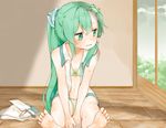  alternate_hairstyle bad_id bad_twitter_id barefoot blush bra frog_hair_ornament full_body gohei green_eyes green_hair hair_ornament hair_tubes indoors kochiya_sanae long_hair looking_away midriff misha_(hoongju) navel on_floor open_clothes open_mouth open_shirt panties ponytail shirt sitting sleeveless sleeves_removed snake_hair_ornament solo sweat touhou underwear 