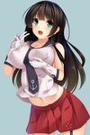  agano_(kantai_collection) anchor_symbol bad_id bad_pixiv_id bare_shoulders between_breasts black_hair blue_background blush breasts garter_straps gloves green_eyes hand_on_breast kantai_collection large_breasts long_hair looking_at_viewer midriff navel necktie neko_neko_koneko open_mouth pleated_skirt red_skirt school_uniform serafuku simple_background skirt solo v white_gloves 