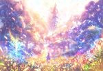  ahoge capelet colorful dress fantasy fisheye flower forest grass leaf light light_particles looking_afar nature original petals sakimori_(hououbds) scenery short_hair silhouette solo texture tower tree 