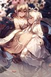  bangs barefoot black_hair blonde_hair blurry braid breasts brown_eyes brown_hair chinese_clothes cleavage closed_eyes depth_of_field flower from_above hair_ornament hair_ribbon hair_rings hand_on_another's_head hanfu long_sleeves looking_at_viewer luo_tianyi medium_breasts multiple_girls parted_lips partially_submerged petals red_eyes red_ribbon ribbon sash shallow_water shawl short_hair_with_long_locks silver_hair single_braid small_breasts smile unconscious vocaloid vocanese wet wide_sleeves you_hashira yuezheng_ling 