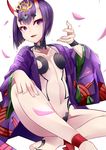  absurdres ankle_ribbon barefoot barefoot_sandals breasts fate/grand_order fate_(series) highres horns japanese_clothes kimono looking_at_viewer navel oni oni_horns petals purple_eyes purple_hair ribbon shirowa short_hair shuten_douji_(fate/grand_order) small_breasts solo 