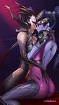 artist_name ass back_tattoo black_hair blue_hair blue_skin bodysuit breasts detached_sleeves elise_(league_of_legends) eye_contact gloves glowing hand_on_another's_back hand_on_another's_cheek hand_on_another's_face hand_on_another's_neck head_mounted_display highres hug imminent_kiss league_of_legends lipstick looking_at_another makeup medium_breasts multiple_girls overwatch parted_lips pink_bodysuit ponytail red_eyes sitting skin_tight tattoo velladonna widowmaker_(overwatch) yellow_eyes yuri 