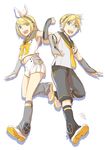  1girl arm_tattoo arm_warmers artist_name bangs bass_clef blonde_hair blue_eyes blunt_bangs brother_and_sister buttons commentary_request crossed_arms fortissimo grey_shirt hair_ornament hair_ribbon hairclip headphones ichi_ka kagamine_len kagamine_len_(vocaloid4) kagamine_rin kagamine_rin_(vocaloid4) leg_warmers looking_at_viewer midriff navel necktie pleated_skirt ribbon sailor_collar screen shirt shoes short_hair shorts siblings signature skirt sleeveless sleeveless_shirt smile sneakers speaker tattoo treble_clef twins v4x vocaloid white_background white_skirt 