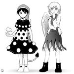  :3 artist_self-insert blob book boots contrapposto covering_mouth doremy_sweet dress greyscale hand_on_own_face hat highres holding holding_book image_sample jacket kishin_sagume monochrome multiple_girls nightcap pixiv_sample pom_pom_(clothes) shikushiku_(amamori_weekly) short_dress short_hair standing tail tapir_tail touhou white_background wings 