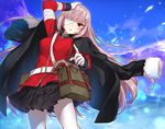  bag bandage_over_one_eye bandages commentary_request fate/grand_order fate_(series) florence_nightingale_(fate/grand_order) gloves gun hair_down jacket_on_shoulders long_hair looking_at_viewer military military_uniform pantyhose pepper_box_revolver pink_hair pleated_skirt red_eyes shirako_miso skirt solo uniform very_long_hair weapon white_gloves white_legwear 