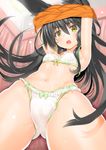  animal_ears arms_up ass_visible_through_thighs black_hair blush bow bow_bra bow_panties bra breasts char highres long_hair looking_at_viewer midriff navel necro-san open_mouth original panties shirt_lift small_breasts solo underwear undressing white_bra white_panties yellow_eyes 