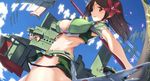  amagi_(kantai_collection) bare_shoulders breasts brown_eyes brown_hair cleavage_cutout cloud cloudy_sky crop_top day from_side hair_between_eyes hair_ornament kantai_collection large_breasts leaf leaf_hair_ornament long_hair looking_at_viewer machinery maple_leaf midriff mole mole_under_eye open_mouth ponytail remodel_(kantai_collection) shikigami short_sleeves sky solo thighs tsuuhan 