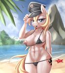  &lt;3 anthro aryanne aryanne_(character) beach big_breasts bikini blonde_hair blue_eyes blush breasts clothing cutie_mark earth_pony equine erect_nipples fan_character female hair hat hi_res horse long_hair mammal my_little_pony nipple_slip nipples outside pony pose pubes seaside swastika sweat swimsuit voluptuous water wet 