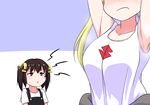  :&lt; bakuon!! breast_envy closed_mouth commentary_request hair_ribbon magure_senshi mole multiple_girls nakano_chisame overalls ribbon short_twintails suzunoki_rin tank_top twintails v-shaped_eyebrows 