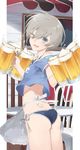  alcohol alternate_costume apron beer blue_eyes commentary_request cup eyebrows eyebrows_visible_through_hair hayashi_kewi kantai_collection looking_at_viewer looking_back one_eye_closed open_mouth short_hair silver_hair solo z1_leberecht_maass_(kantai_collection) 