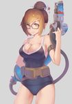 beads black-framed_eyewear blue_swimsuit breasts brown_eyes brown_hair cleavage cowboy_shot glasses grey_background hair_bun hair_ornament hair_stick highres large_breasts looking_at_viewer mei_(overwatch) one-piece_swimsuit overwatch simple_background solo swimsuit yong_mei-uta 