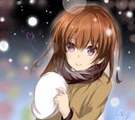  brown_hair character_request holding looking_at_viewer original purple_eyes qingchen_(694757286) scarf signature snow solo 