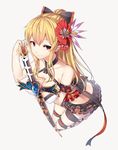  blonde_hair bow breasts flower granblue_fantasy hair_flower hair_ornament highres holding holding_sword holding_weapon large_breasts long_hair looking_at_viewer microskirt orihi_chihiro ponytail red_eyes ribbon sidelocks simple_background skirt smile solo sword vira_lilie weapon 