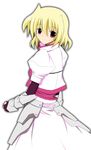  armor blonde_hair cosplay fingerless_gloves gauntlets gloves hagane_(fullmetal_force) looking_back lyrical_nanoha mahou_shoujo_lyrical_nanoha purple_eyes shamal short_hair signum signum_(cosplay) simple_background smile solo white_background 