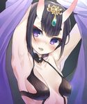  armpits arms_up black_hair blush breasts collarbone eyebrows eyebrows_visible_through_hair fangs fate/grand_order fate_(series) gem head_tilt horns looking_at_viewer mirei oni oni_horns open_mouth purple_eyes short_hair shuten_douji_(fate/grand_order) small_breasts solo teeth thick_eyebrows upper_body 