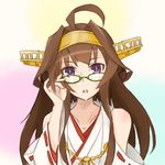  ahoge alakoala_shoushou bare_shoulders brown_hair commentary double_bun eyebrows eyebrows_visible_through_hair glasses gradient gradient_background hand_on_eyewear japanese_clothes kantai_collection kongou_(kantai_collection) long_hair looking_at_viewer nontraditional_miko open_mouth purple_eyes solo upper_body 
