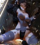  belt bullet bullet_hole cameltoe casing_ejection cropped_jacket damaged fingerless_gloves ghost_in_the_shell gloves gun highleg highleg_leotard jacket kusanagi_motoko leotard shell_casing short_hair solo teemu_rasinkangas thighhighs weapon 