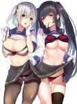  2girls :q absurdres alternate_hairstyle black_hair black_legwear bra bra_lift breasts brown_eyes brown_legwear cameltoe cleavage cowboy_shot eyebrows_visible_through_hair gloves hair_ornament hair_ribbon hairclip hamakaze_(kantai_collection) highres isokaze_(kantai_collection) kantai_collection lifted_by_self looking_at_viewer medium_breasts monoto mouth_hold multiple_girls navel panties panties_under_pantyhose pantyhose pleated_skirt red_bra red_panties ribbon school_uniform serafuku shirt_lift side-tie_panties sidelocks silver_hair simple_background single_thighhigh skirt skirt_lift thighband_pantyhose thighhighs tongue tongue_out twintails underboob underwear white_background white_bra white_gloves white_panties 