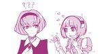  ?? android artist_request bangs blunt_bangs crossover dorothy_(va-11_hall-a) expressionless hairband heart looking_at_another monochrome multiple_girls namesake r_dorothy_wayneright smile source_request the_big_o trait_connection upper_body va-11_hall-a 