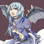  1girl bat_wings blue_hair body_piercing bracelet fangs gloves midriff purple_eyes simple_background vampire vampire_vamp yu-gi-oh! 