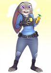  2016 anthro belt breasts buckteeth carrot clothed clothing disney female food fur furgonomics gloves grey_fur hi_res judy_hopps lagomorph mammal pen pink_nose police_uniform purple_eyes rabbit rach_verity simple_background small_breasts smile solo teeth uniform vegetable wide_hips yellow_background zootopia 