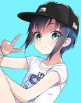  1girl aida_takanobu aqua_background aqua_eyes armpit_peek blue_hair collarbone hat highres looking_at_viewer nail_polish original pink_nails shirt short_hair short_sleeves sidelocks simple_background smile solo symbol-shaped_pupils upper_body v wristband 