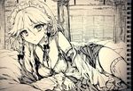  bow braid geppewi greyscale hair_between_eyes hair_bow highres izayoi_sakuya lying maid_headdress monochrome solo touhou traditional_media twin_braids underwear undressing 