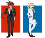  absurdres bespectacled blonde_hair blue_eyes brown_hair formal full_body glasses guilty_gear guilty_gear_xrd hands_in_pockets headband highres ky_kiske long_coat long_hair makai male_focus multiple_boys over-rim_eyewear red-framed_eyewear red_eyes semi-rimless_eyewear shirt sol_badguy spiked_hair suit 