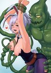  armpits arms_up battle_bunny_riven blush breasts bunnysuit detached_collar goo_guy heart heart-shaped_pupils large_breasts lasterk league_of_legends monster_boy necktie open_mouth pantyhose penis riven_(league_of_legends) silver_hair slime spoken_heart sweat symbol-shaped_pupils torn_clothes torn_legwear uncensored zac 