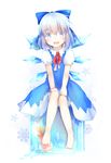  bad_id bad_pixiv_id barefoot blue_dress blue_eyes blue_hair blush cirno dress fang fish full_body hair_ribbon highres ice ice_wings looking_at_viewer meiya_(dia_douya) open_mouth puffy_sleeves ribbon short_hair short_sleeves sitting smile snowflakes solo touhou white_background wings 