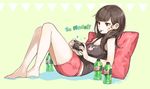  bad_id bad_pixiv_id bare_arms bare_legs bare_shoulders barefoot black_shirt blush bottle brown_eyes brown_hair closed_mouth collarbone controller d.va_(overwatch) earrings facepaint facial_mark full_body glint green_background handheld_game_console holding jewelry knees_up long_hair lying mountain_dew mouth_hold nagu on_back overwatch pillow pink_shorts playing_games playstation_portable shirt shorts simple_background sleeveless smile solo stud_earrings tank_top text_focus whisker_markings 