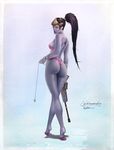  arm_tattoo ass black_hair character_name grappling_hook gun head_mounted_display highres krystopher_decker lipstick makeup one-piece_swimsuit overwatch pink_swimsuit ponytail rifle signature sniper_rifle solo swimsuit tattoo weapon widowmaker_(overwatch) yellow_eyes 
