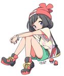  armpit_peek armpits artist_name bag bangs beanie black_hair blue_eyes blunt_bangs blush bracelet dated handbag hat holding holding_poke_ball jewelry kanya_pyi mizuki_(pokemon) outstretched_arms over_shoulder poke_ball pokemon pokemon_(game) pokemon_sm red_footwear red_hat ribbon shoe_ribbon shoes simple_background solo tareme undershirt up_sleeve upshorts white_background yellow_ribbon z-ring 