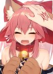  1girl :d ^_^ animal_ear_fluff animal_ears bare_shoulders bell bell_collar blush cat_ears claws closed_eyes collar command_spell commentary_request eyebrows_visible_through_hair eyes_closed facing_viewer fang fate/grand_order fate_(series) hair_between_eyes hair_ribbon happy heart long_hair muryotaro open_mouth paws petting pink_hair pov pov_hands red_ribbon ribbon simple_background smile solo_focus tamamo_(fate)_(all) tamamo_cat_(fate) white_background 