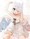  1girl ;o animal_ears barefoot bed blue_eyes blurry cat_ears cat_tail depth_of_field highres long_hair nightgown nuko_miruku on_bed one_eye_closed original pillow shark sleepy sleeveless stuffed_animal stuffed_shark stuffed_toy tail tears white_hair 